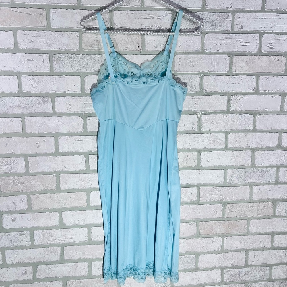 Vtg Heiress 1950s 1960s Turquoise Nylon Lace Trim Slip Dress Size 34 - Picture 11 of 16